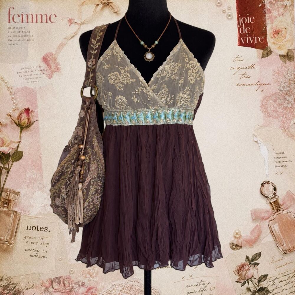 Vintage Vanity Beaded Sequined Halter Babydoll Top XL